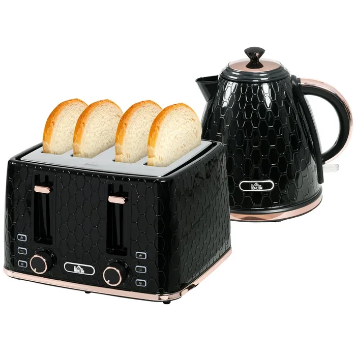 1.7L 3000W Rapid Boiling Kettle & 4-Slice Toaster Combo – Adjustable 7-Setting Browning & Removable Crumb Tray – Stylish Black Kitchen Set for Efficient Breakfast Preparation