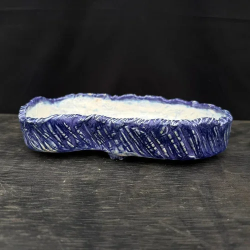 10″ John Fazzino Handmade Bonsai Pot – Textured Abstract Oval in Deep Cobalt No. JF-032