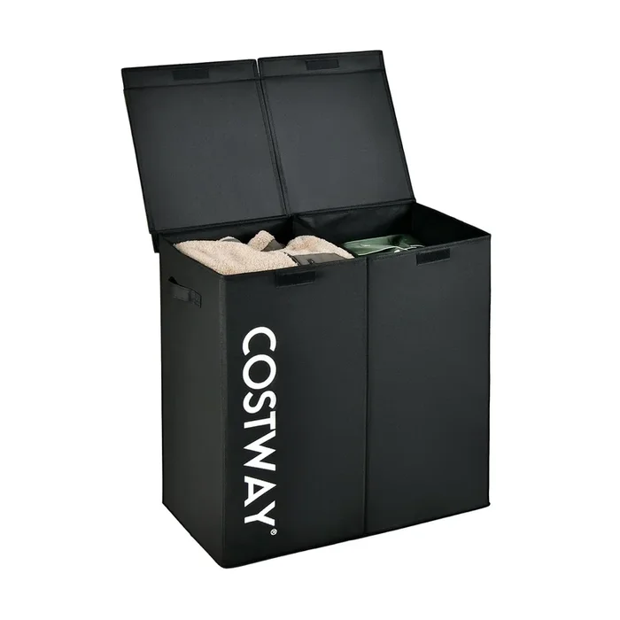 105L Laundry Hamper – Wooden Lid with 2 Separate Sections, Black – Ideal for Organizing and Sorting Laundry