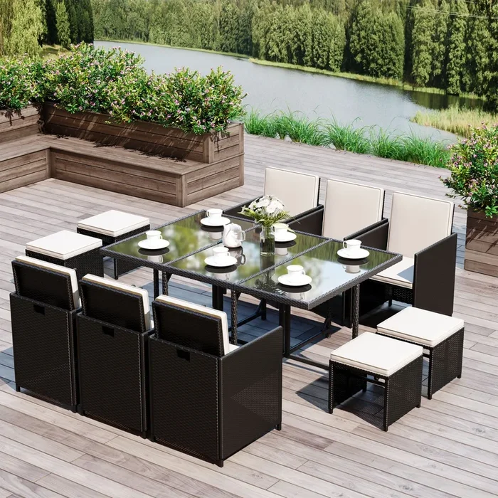 11PC Rattan Garden Set – Outdoor Patio Dining Table and Wicker Weave Stools for 10 – Ideal for Al Fresco Family Gatherings and Entertaining Friends