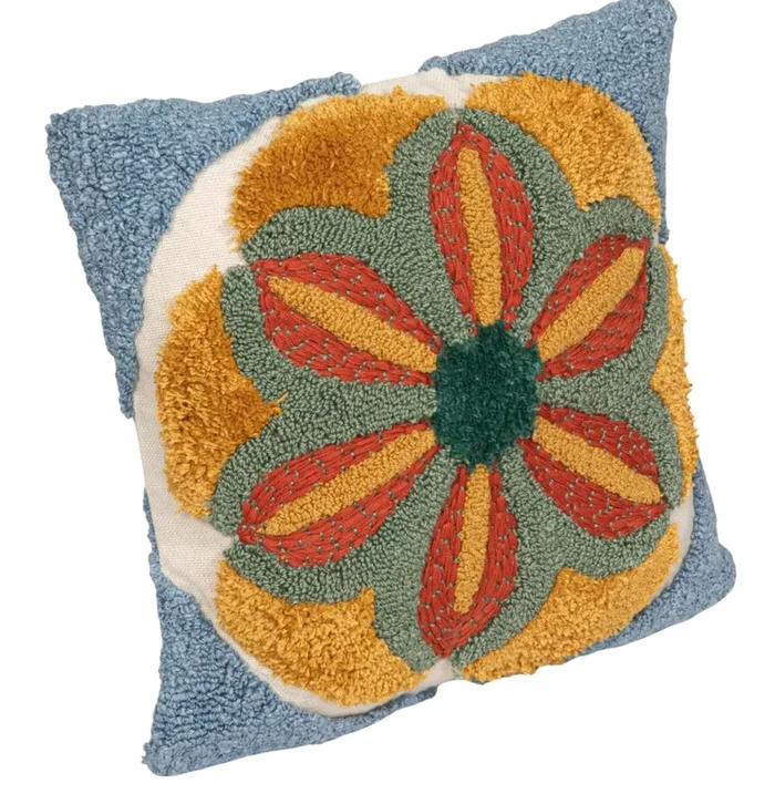 16″ Square Fabric Tufted Indoor/Outdoor Pillow with Flower