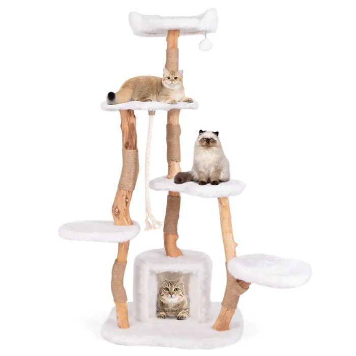 168 cm Tall Solid Wood Cat Tree with Perch Condo and Jute Scratching Posts-