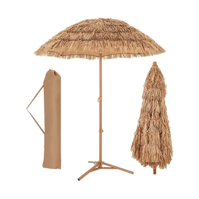 170cm Thatched Tiki Umbrella Hawaiian Style Beach Umbrella with Foldable Stand-