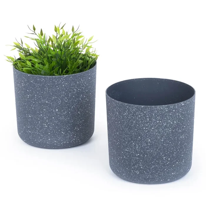 18cm Round Sandstone Plastic Plant Pot Grey – Set of 2