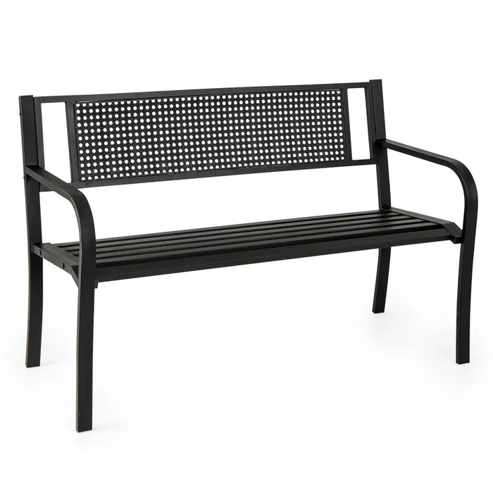 2-3-Persons Outdoor Garden Bench with Patterned Backrest and Curved Armrests-Black
