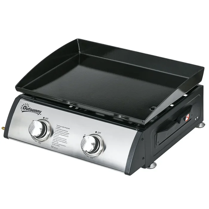 2 Burner Portable Gas Plancha Grill – 10kW Stainless Steel with Non-Stick Griddle – Ideal for BBQ, Camping, and Picnic Parties