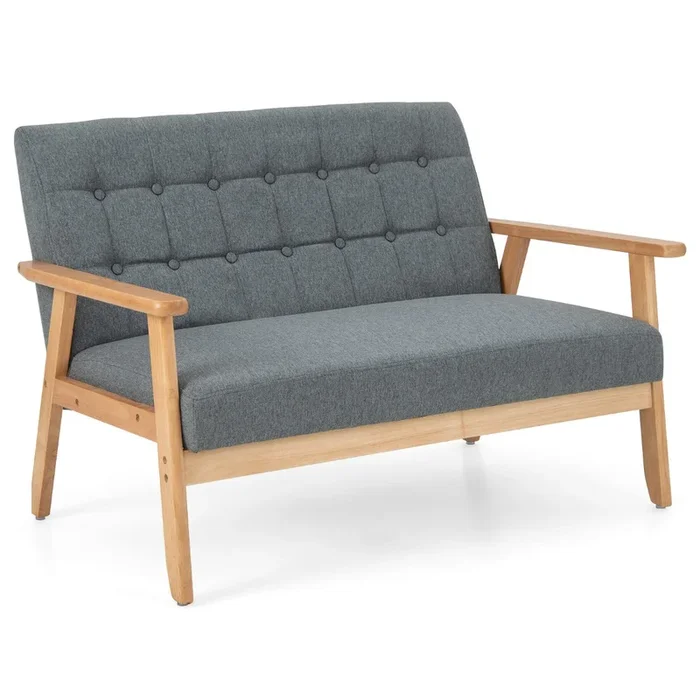 2-seat Cushioned Couch with Rubber Wood Frame and Classic Tufted Design-Grey