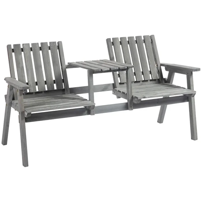 2-Seater Antique Wooden Garden Bench – Outdoor Loveseat Chair with Table Conversation Set – Ideal for Yard, Lawn, Porch, and Patio Use in Grey