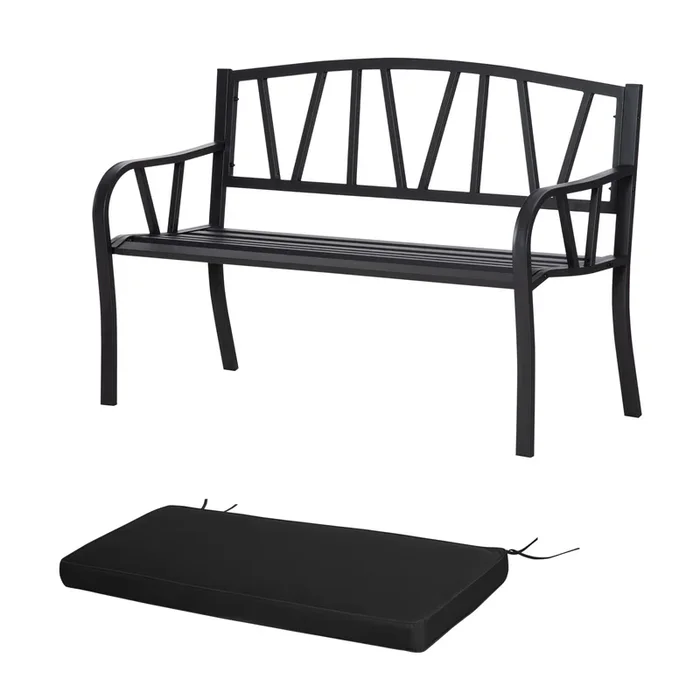 2-Seater Metal Garden Loveseat – Cushioned Bench with Slatted Design & Decorative Backrest – Ideal for Patio & Outdoor Seating