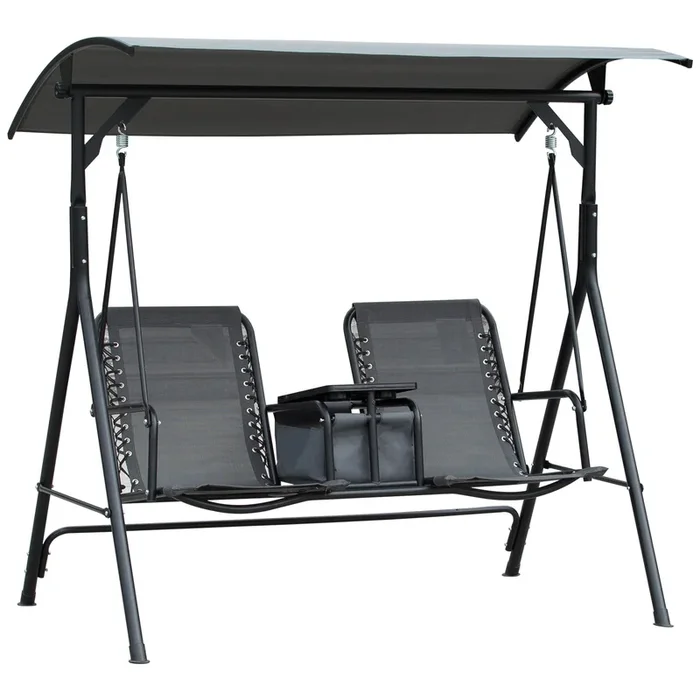 2-Seater Swing Chair with Steel Frame – Adjustable Canopy and Texteline Fabric, Garden Bench with Center Table and Cup Holders – Durable Outdoor Patio Furniture for Relaxation