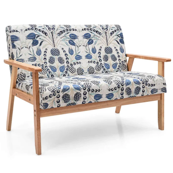 2-Seater Wooden Upholstered Loveseat with Rubber Wood Armrests-Blue