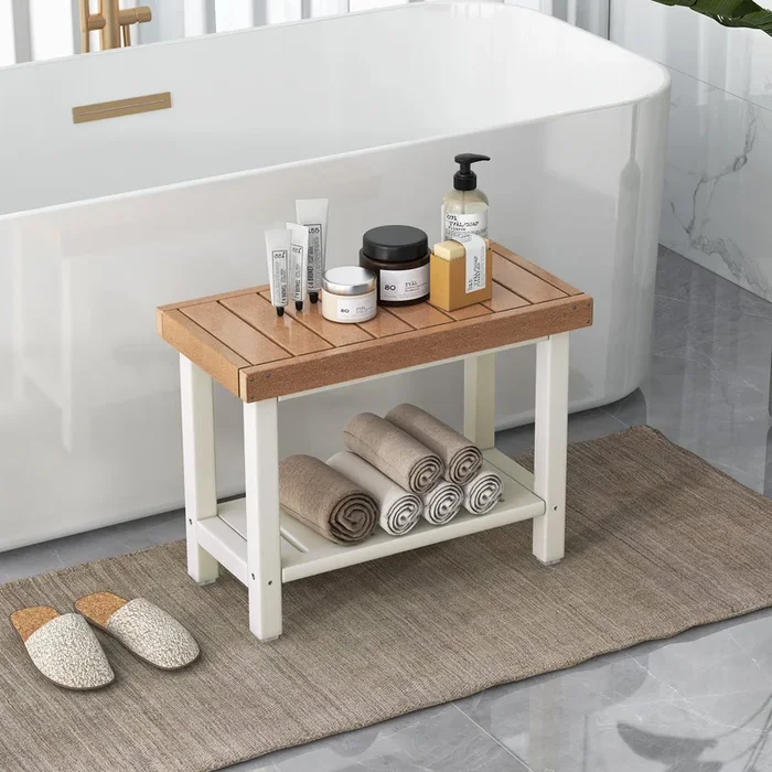 2-Tier Waterproof HDPE Bathroom Shower Stool with Storage Shelf-Brown
