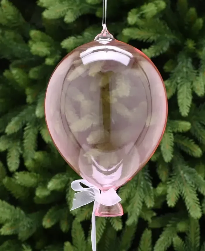 21cm translucent pink glass balloon – white ribbon