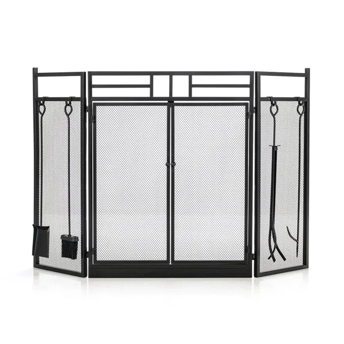 3-Panel Folding Fireplace Screen with Fireplace Tools Set-Black