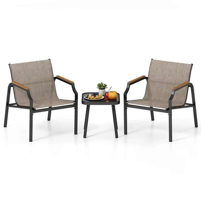 3 Piece Outdoor Chair Set with Breathable Fabric Seat and Wood-Plastic Armrests-