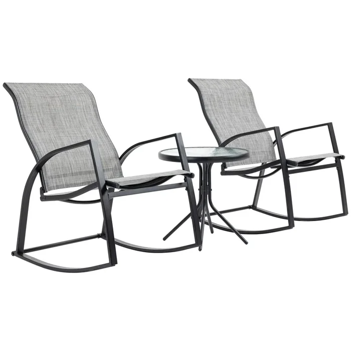 3-Piece Patio Bistro Set – Rocking Chairs with Tempered Glass Table for Outdoor Use – Ideal for Garden, Porch, Poolside Comfort in Grey