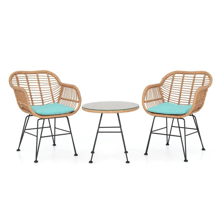 3 Piece Patio Rattan Set with 2 Cushioned Chairs and Tempered Glass Table-Turpuoise