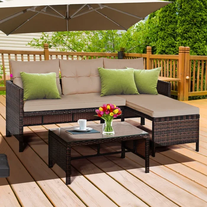 3 Pieces Patio Conversation Bistro Set with Washable Couch Cushion-Brown
