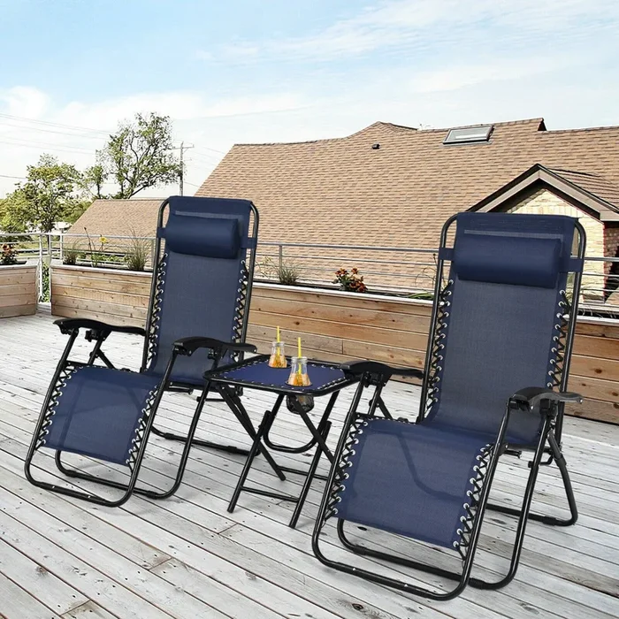 3 Pieces Zero Gravity Lounge Chair Set with Tea Table-Blue