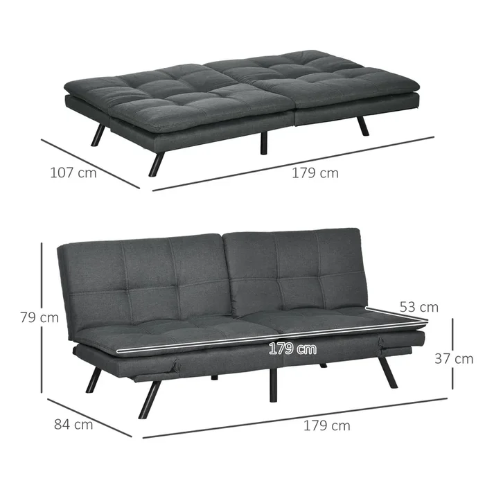 3-Seater Tufted Sofa Bed – Upholstered Click Clack with Adjustable Armrests & Backrest in Grey – Ideal for Living Room and Bedroom Comfort