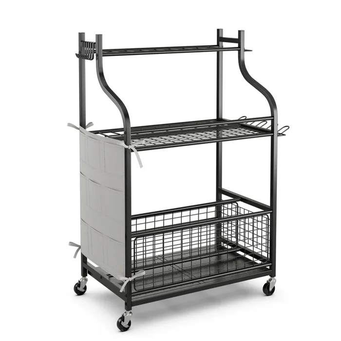 3-Tier Garden Tool Tower with Lockable Wheels Hooks and Side Pocket-Black