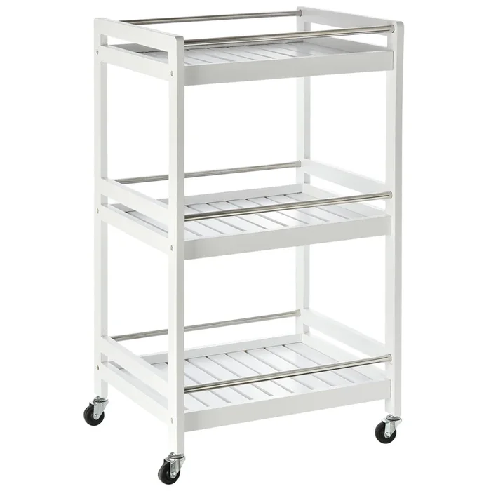 3-Tier Home Trolley – Kitchen and Living Room Storage Organizer with Steel Bars and 4 Rolling Wheels – Space-Saving Mobile Utility Cart for Household Use