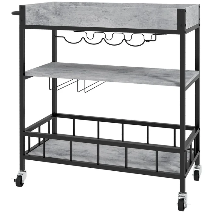 3-Tier Kitchen Cart with Wine Storage – Rolling Island with Removable Tray, Glass Holders, and Faux Marble Shelves – Space-Saving Organizer for Home Chefs and Entertaining