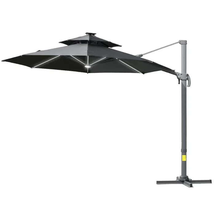 3M Adjustable Cantilever Parasol with Solar Lights – Power Bank, Cross Base, 360° Rotation, 2-Tier Canopy for Garden – Outdoor Sunshade Umbrella for Patio Comfort and Style