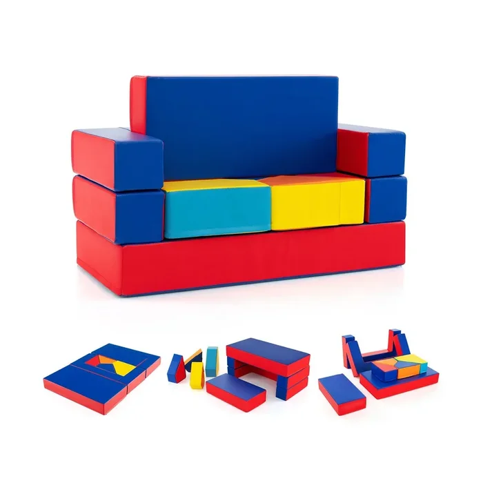 4-in-1 Convertible Foam Couch Play Set with Skin-friendly PU Leather Cover and Zippers-
