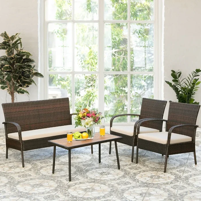 4 Piece Rattan Furniture Set with Cushioned Chairs and Loveseat