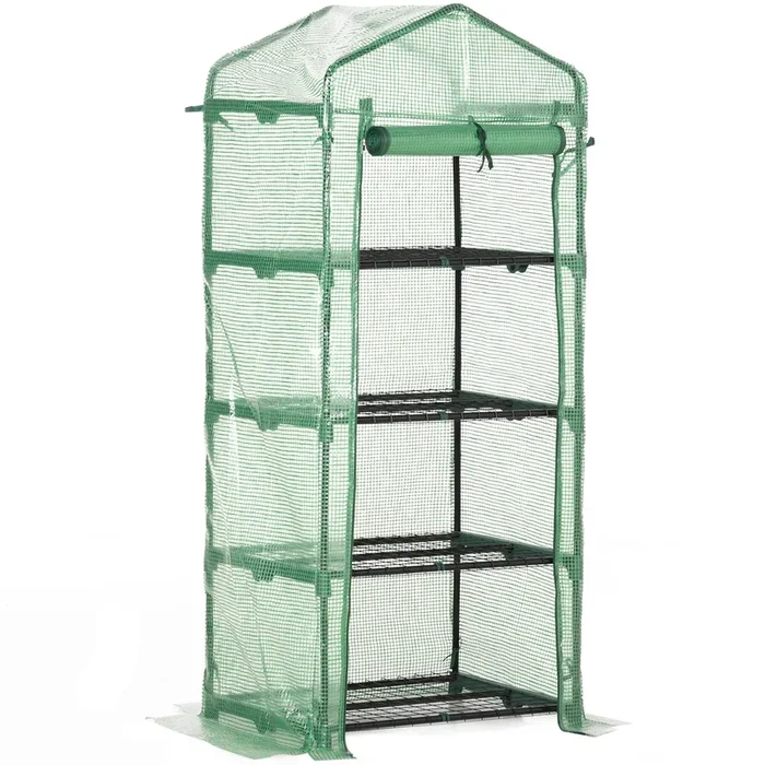 4 Tier Mini Greenhouse – Compact Portable Structure with PE Cover & Steel Frame, Roll-up Door – Ideal for Limited Space Gardening and Plant Protection