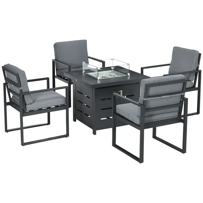 5-Piece Aluminium Garden Furniture Collection – 4-Person Seating with Gas Fire Pit Table, Outdoor Conversation Set – Ideal for Yard, Poolside Entertainment, in Chic Grey