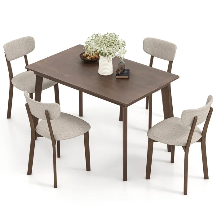 5-Piece Dining Table Set with Rubber Wood Frame and Padded Seat-Brown