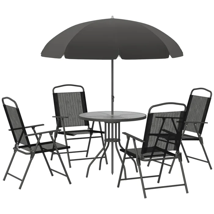 6-Piece Outdoor Bistro Set – Texteline Folding Chairs, Table, and Umbrella in Black – Ideal Patio Furniture for Garden and Dining