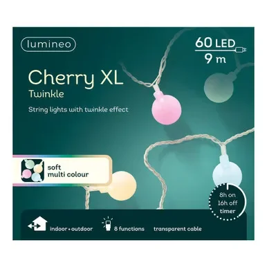 60 Lumineo Outdoor LED Cherry String Lights, Rainbow, Transparent Cable