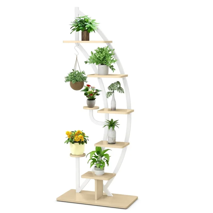 8-Tier Tall Wooden Curved Half-Moo Shape Plant Stand with Top Hook-White