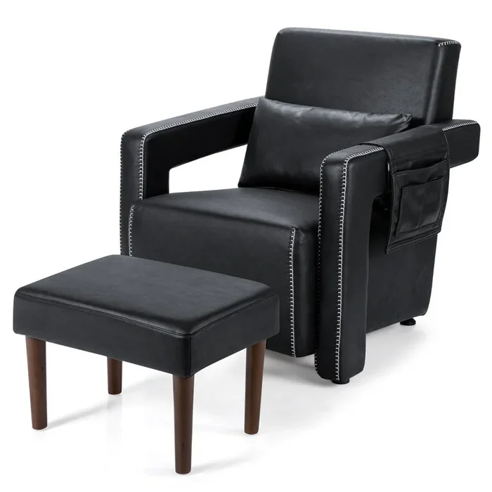 Accent Chair with Footstool – Upholstered Padded Seat and Lumbar Pillow in Black – Ideal Comfortable Seating Solution for Home Relaxation
