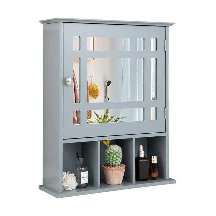 Adjustable Shelf Mirror Door Cabinet – Grey Coloured 3-Compartment Furniture Piece – Ideal for Organized Home Storage Solution