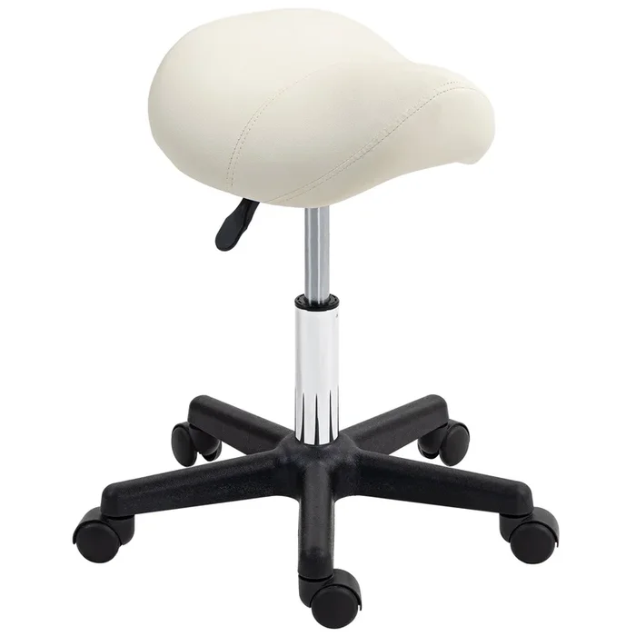 Adjustable White Saddle Stool – PU Leather, Steel Frame, Rolling Salon Chair for Massage, Spa, Beauty & Tattoo – Comfortable Seating for Professionals