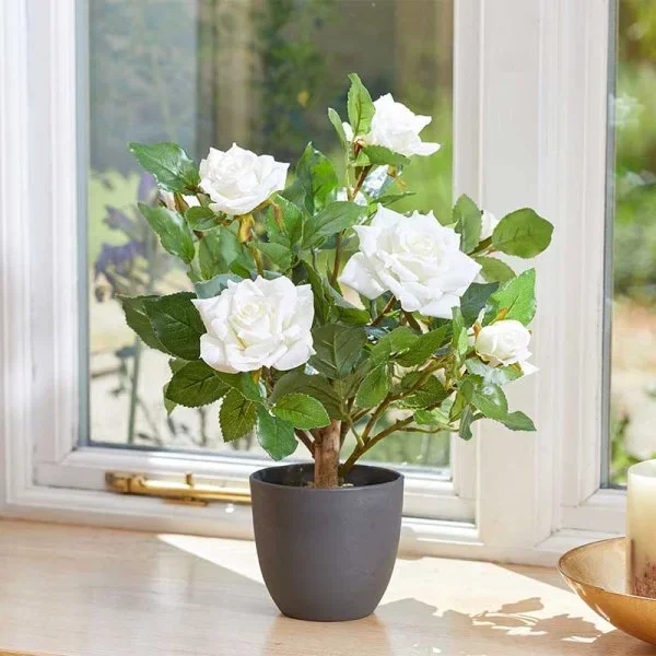 Artificial Regent Rose Potted Plant Tree Faux Flowers – 40cm White