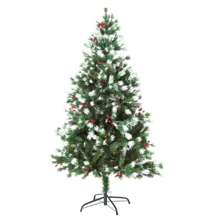Artificial Snow-Flocked Pine Christmas Tree, 5ft with Red Berries – Festive Green Holiday Decor – Perfect for Home and Office Yuletide Celebrations