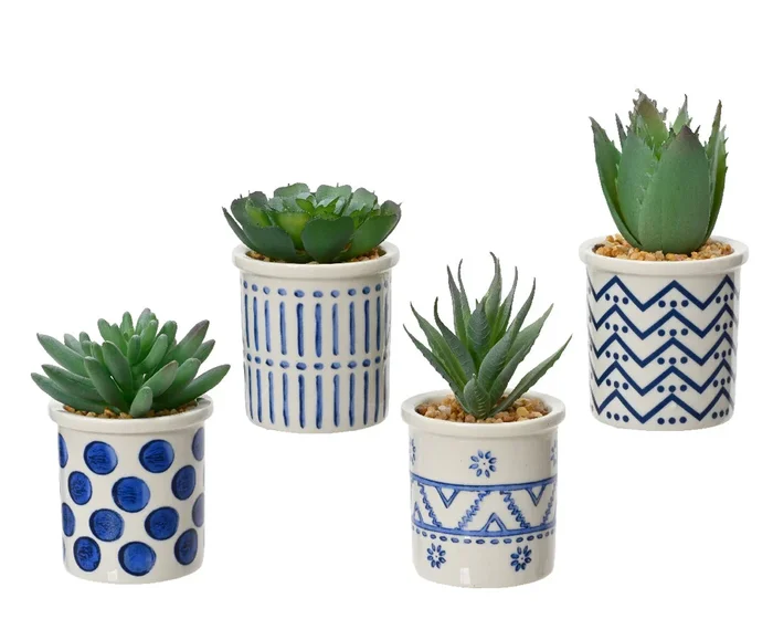 Artificial Succulent Plant in Blue Patterned Pot