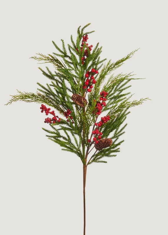 Artificial Winter Pine and Cone Branch with Red Berries – 37″