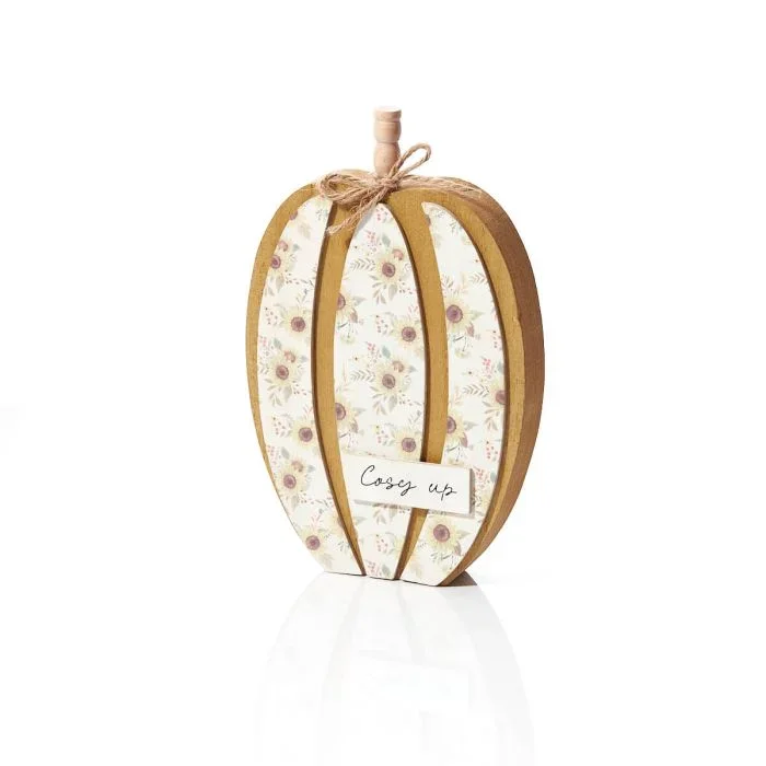 Autumn Pumpkin ‘Cosy Up’ Block Floral Wood with String Bow