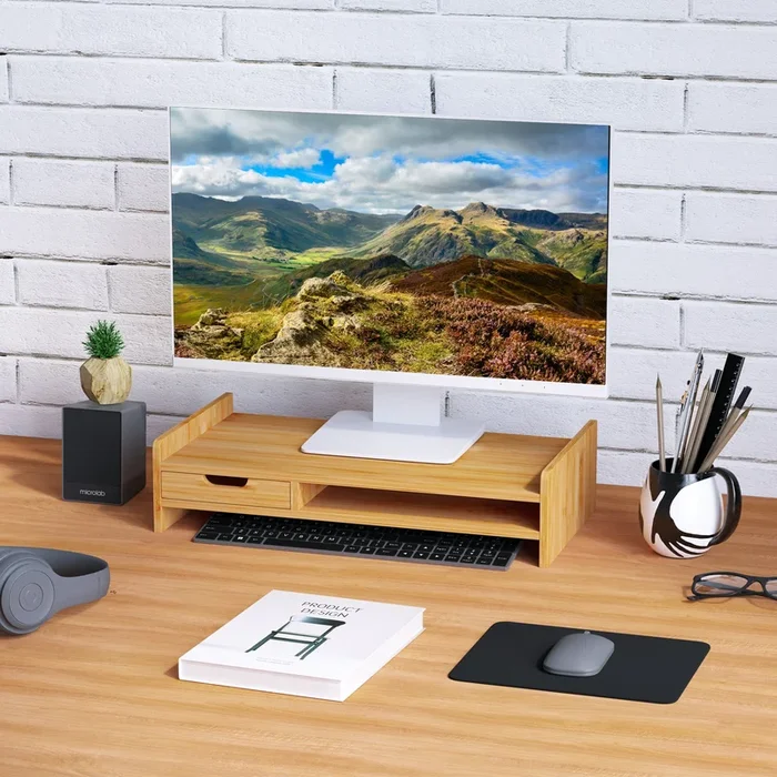 Bamboo Monitor Riser with Drawer – Laptop & TV Stand for Desktop Organization – Ideal for Home Office Space Saving & Storage