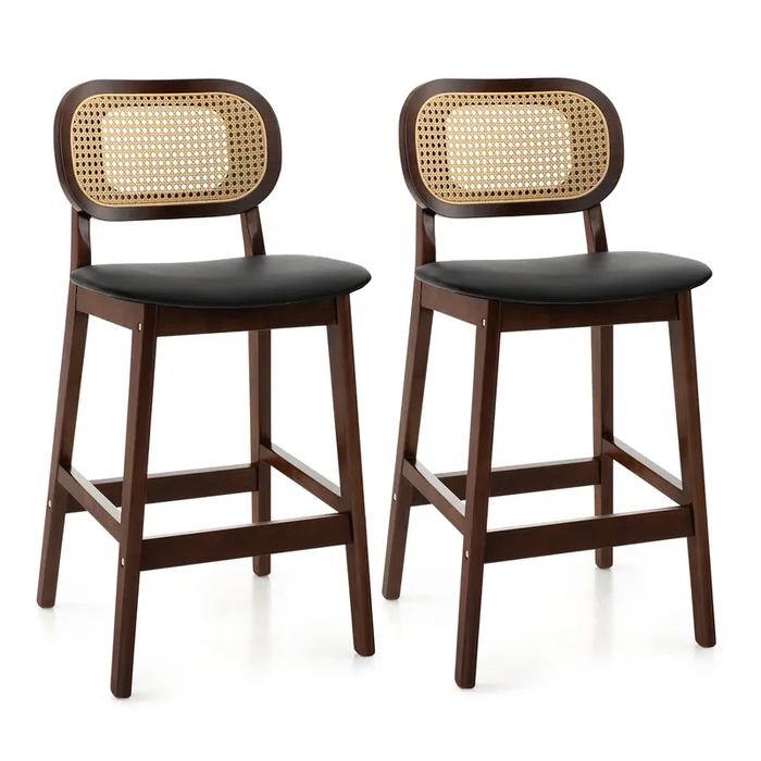 Bar Stool Duo Pack – PE Rattan Backrest, Cushioned Seating and Foot Support – Ideal Furniture for Bars, Kitchen Counters & High Dining Tables