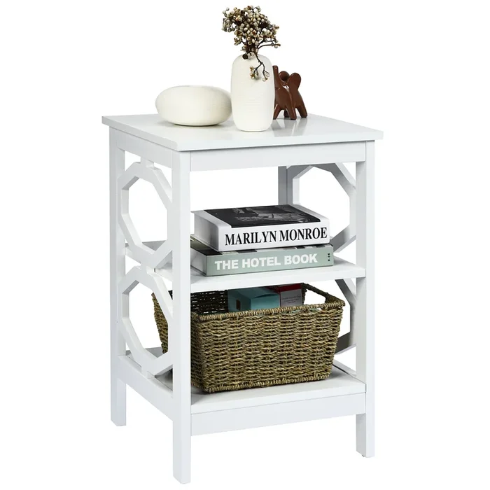 Bedside Stand Model 3-Tier – White Storage Table with Shelves – Ideal for Bedroom or Living Room Furniture Needs