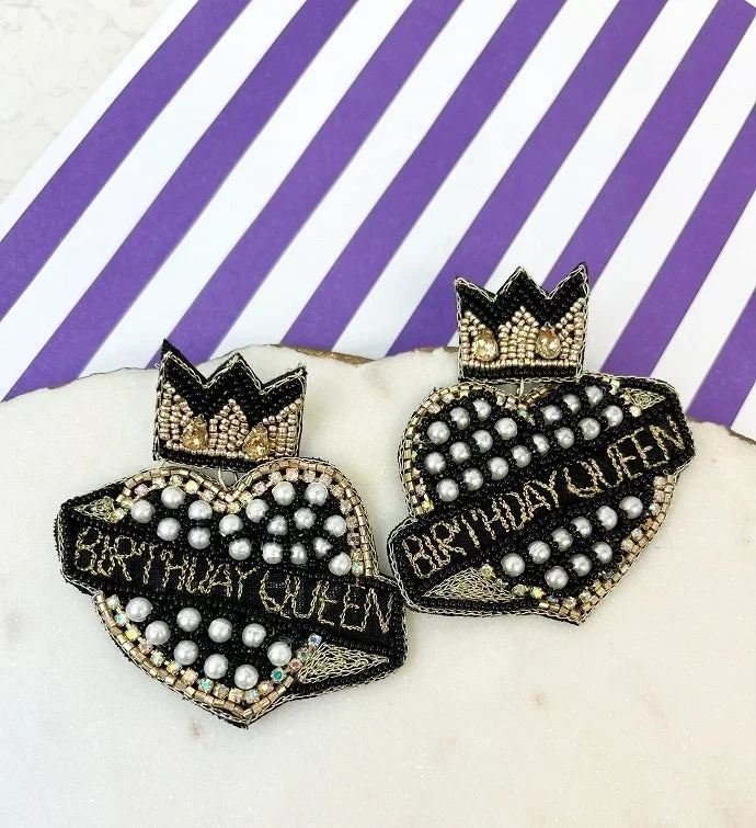 ’birthday Queen’ Heart Beaded Dangle Earrings