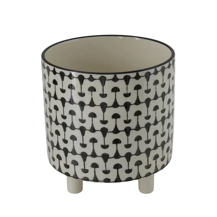 Black & White Footed Stoneware Planter with Abstract Print