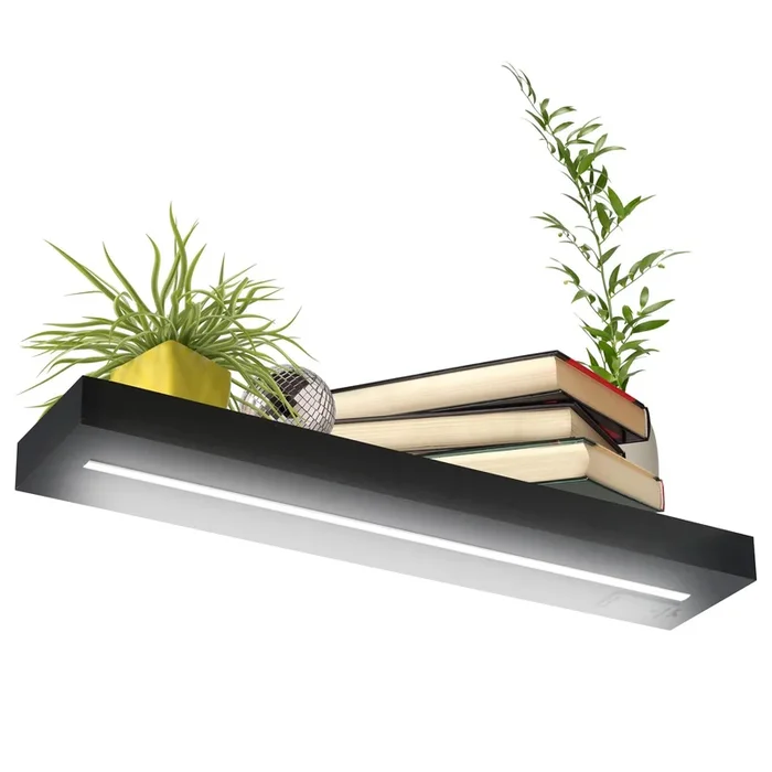 Black Floating Wooden Wall Shelf with LED Lights – 60cm